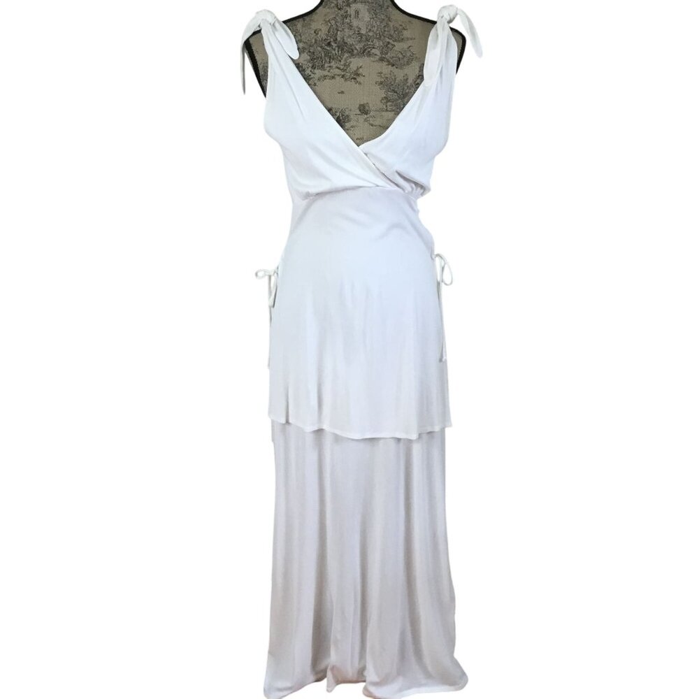 Vintage Addison Women White Tie Shoulder Layered Jersey Maxi Dress Cottagecore M